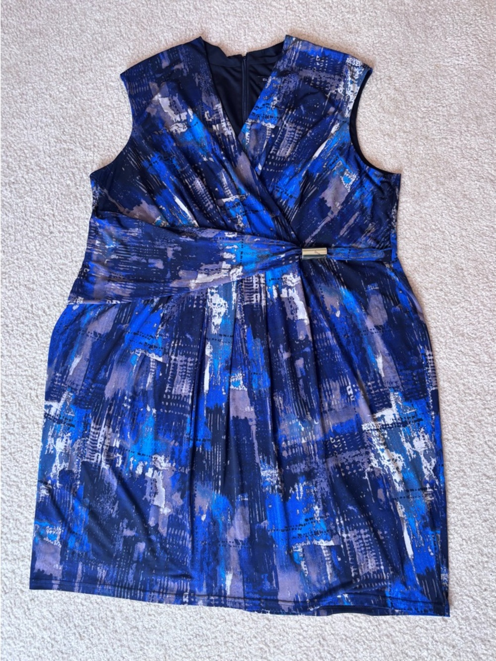 Ellen Tracy Navy and Royal Blue Pluse Size Abstract Wrap-Style Midi Dress 22W